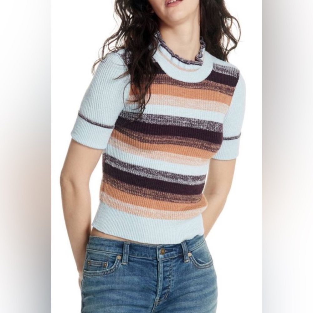 Free PeopleBest Intentions Knit Striped Sweater Blue & Brown Size XS Stretchy